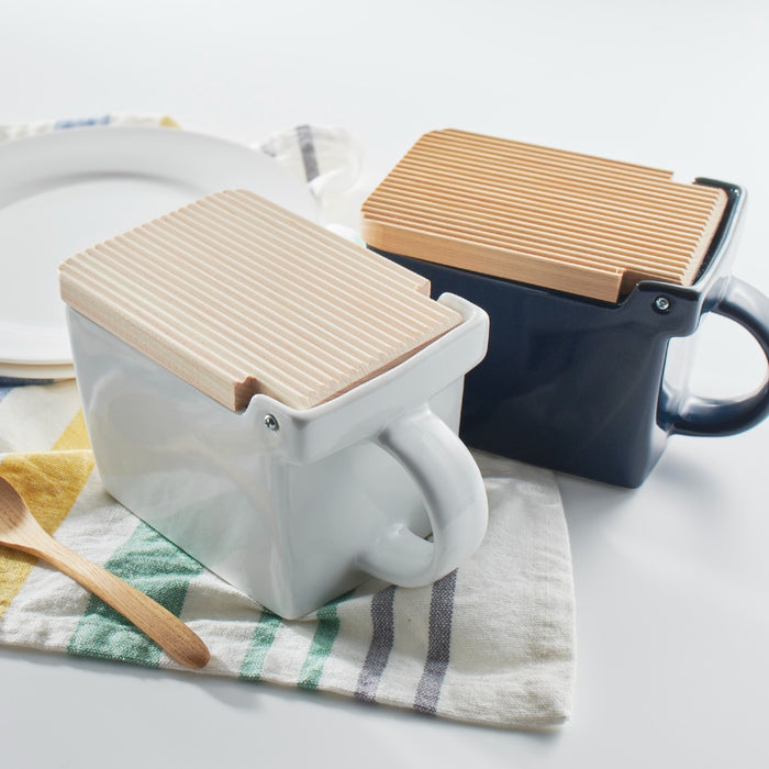 BEE HOUSE Ceramic Salt Box with wooden lid - White
