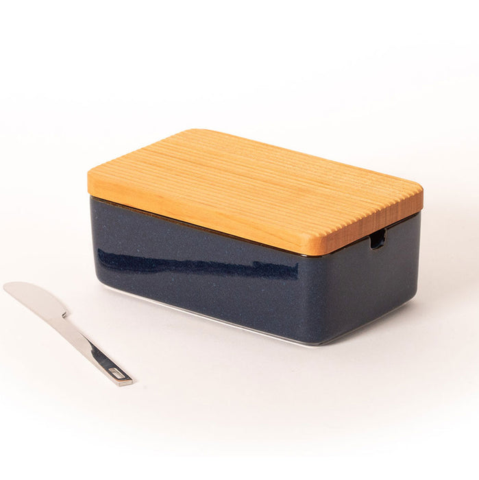 Butter Case with wooden Lid / w s.s butter knife - Jenas Blue